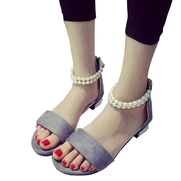 HEE GRAND Peep Toe Sandals Beading Artificial Pearl Chain Crystal Heel Back Zip Wrap Footwear Flat with Women Shoes XWZ2532