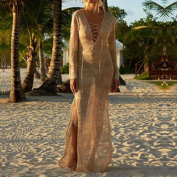 2017 Summer Beach Women Dress Fashion Sexy V Neck Lace-up Hollow Out Side Split Vestidos See Through Maxi Long Dresses