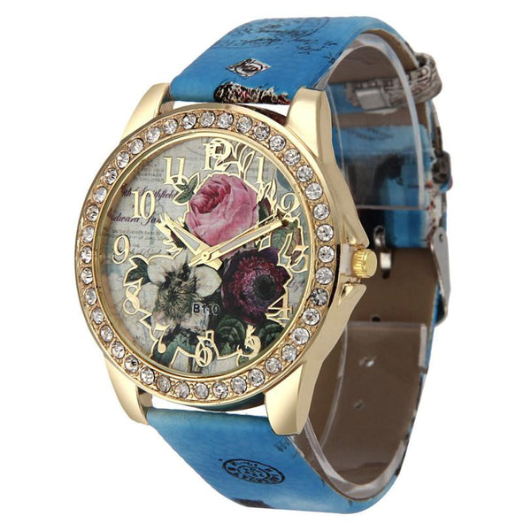 Genvivia Fashion Rose Vogue Women Watch Fashion Pattern Leather Band Analog Quartz Wristwatches