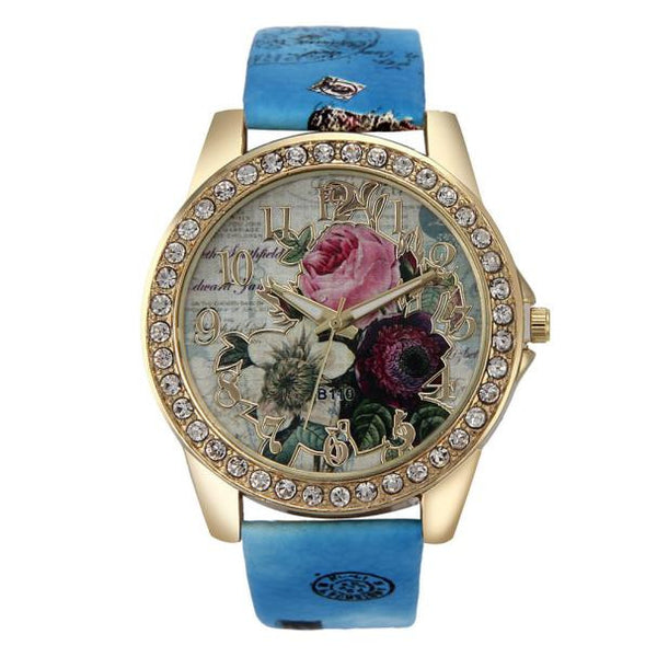 Genvivia Fashion Rose Vogue Women Watch Fashion Pattern Leather Band Analog Quartz Wristwatches