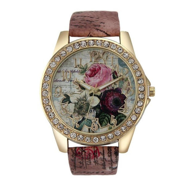 Genvivia Fashion Rose Vogue Women Watch Fashion Pattern Leather Band Analog Quartz Wristwatches