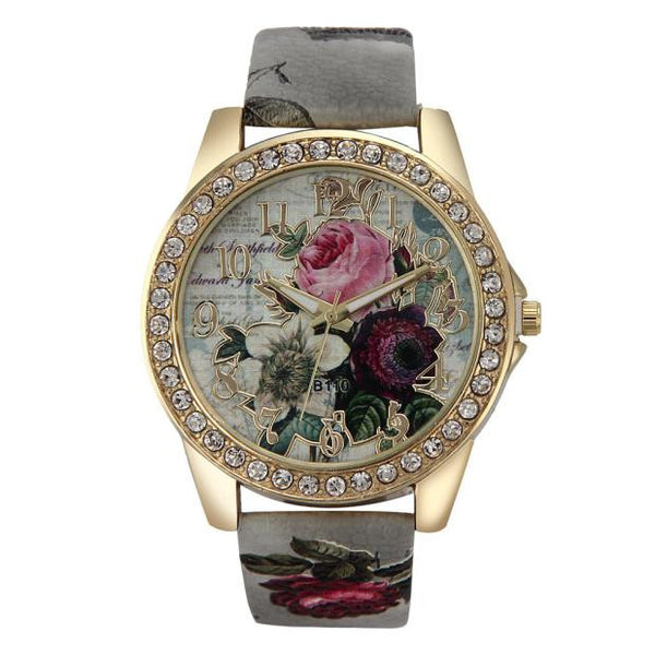 Genvivia Fashion Rose Vogue Women Watch Fashion Pattern Leather Band Analog Quartz Wristwatches