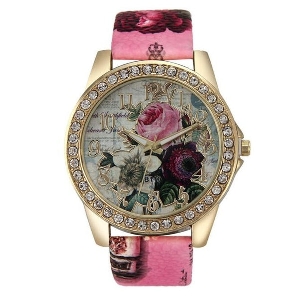 Genvivia Fashion Rose Vogue Women Watch Fashion Pattern Leather Band Analog Quartz Wristwatches