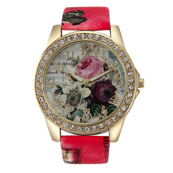 Genvivia Fashion Rose Vogue Women Watch Fashion Pattern Leather Band Analog Quartz Wristwatches