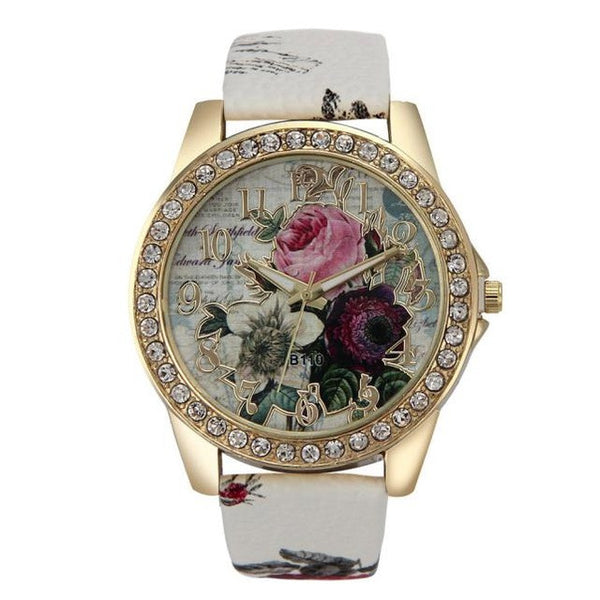 Genvivia Fashion Rose Vogue Women Watch Fashion Pattern Leather Band Analog Quartz Wristwatches