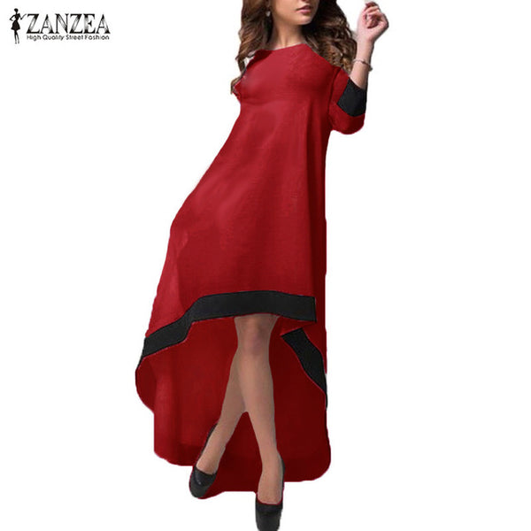 ZANZEA Fashion Women Dress 2017 Autumn Long Maxi Party Dresses Patchwork Asymmetrical O Neck Vestidos Plus Size S-5XL