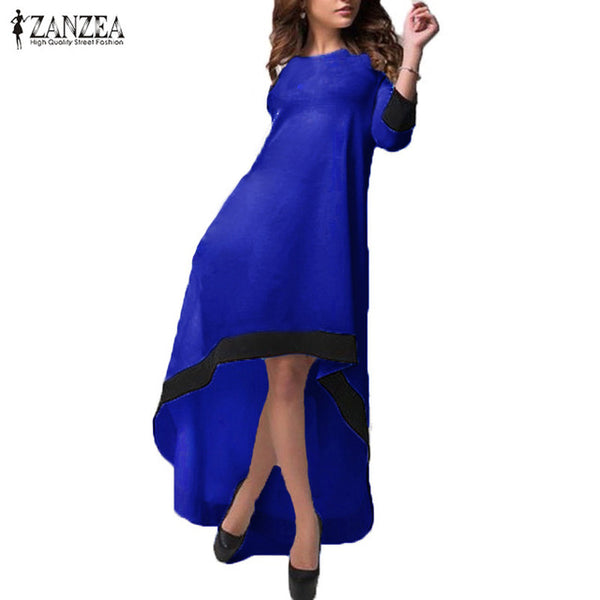 ZANZEA Fashion Women Dress 2017 Autumn Long Maxi Party Dresses Patchwork Asymmetrical O Neck Vestidos Plus Size S-5XL