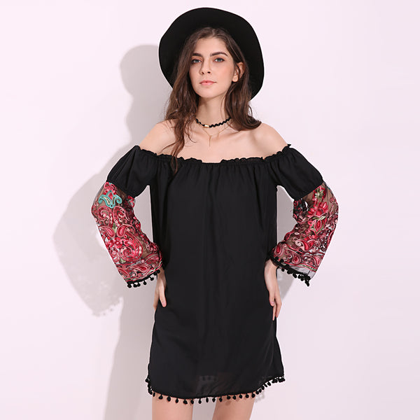 ZANZEA Women Dress 2017 Summer Sexy Slash Neck Flare Sleeve Mini Dress Fashion Embroidery Patchwork Casual Loose Vestidos