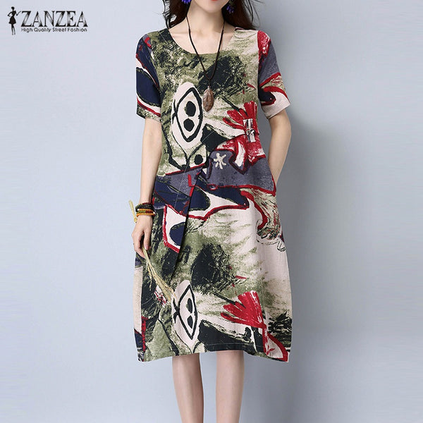 ZANZEA Women Summer Dress Retro Fashion Print Dresses Casual Loose O Neck Short Sleeves Oversized Cotton Vestidos Plus Size