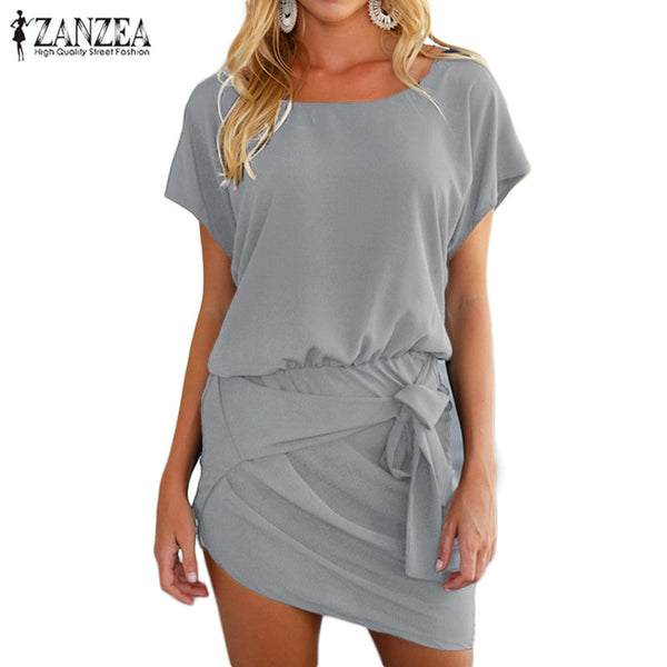 2017 ZANZEA Fashion Women Summer O-neck Short Sleeve Elastic Waist Irregular Hem Casual Party Loose Mini Dress Vestido Plus Size