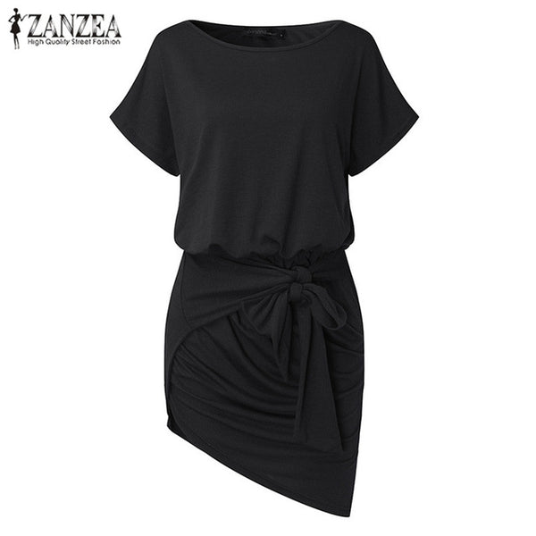 2017 ZANZEA Fashion Women Summer O-neck Short Sleeve Elastic Waist Irregular Hem Casual Party Loose Mini Dress Vestido Plus Size
