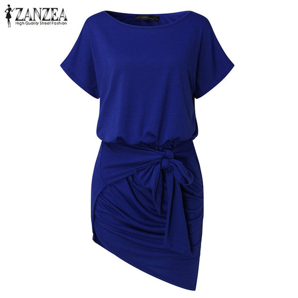 2017 ZANZEA Fashion Women Summer O-neck Short Sleeve Elastic Waist Irregular Hem Casual Party Loose Mini Dress Vestido Plus Size