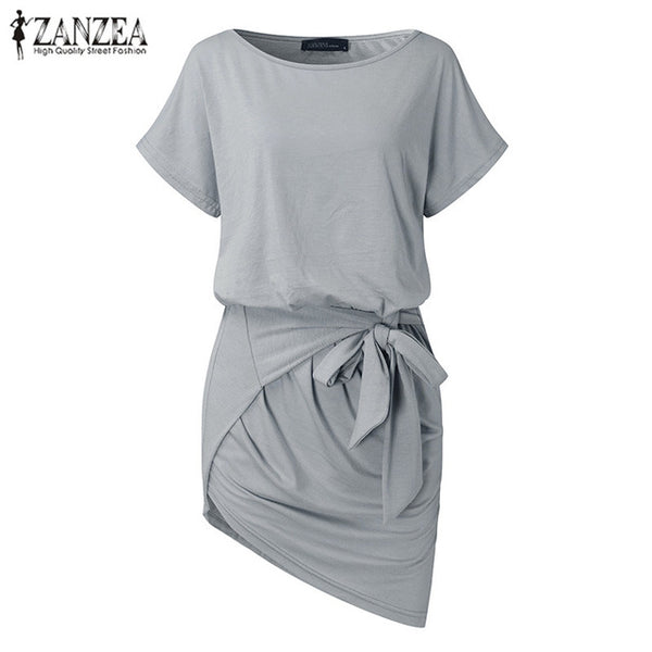 2017 ZANZEA Fashion Women Summer O-neck Short Sleeve Elastic Waist Irregular Hem Casual Party Loose Mini Dress Vestido Plus Size