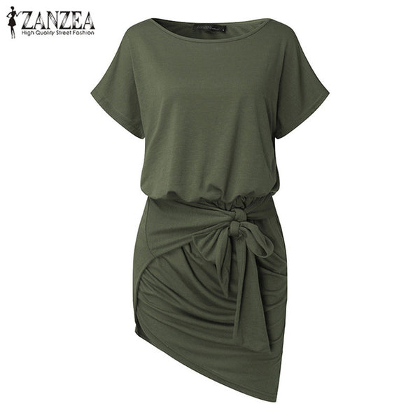 2017 ZANZEA Fashion Women Summer O-neck Short Sleeve Elastic Waist Irregular Hem Casual Party Loose Mini Dress Vestido Plus Size