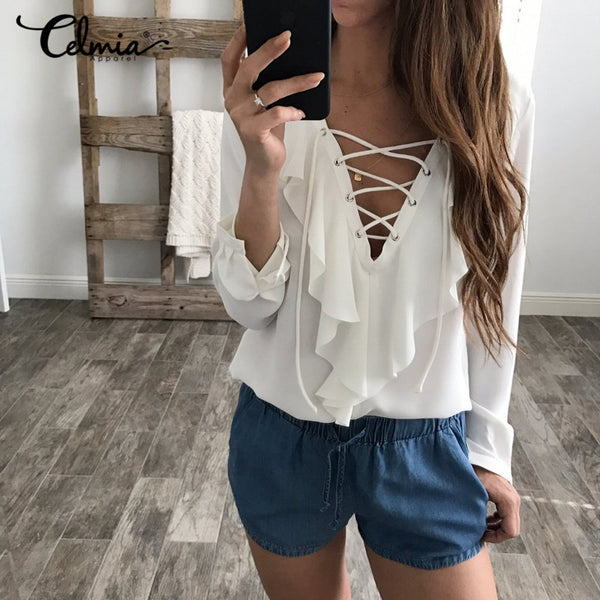 2017 Fashion Spring Autumn Women Chiffon Blouse Sexy Lace Up V Neck Ruffles Long Sleeve Black White Tops Casual Plus Size Shirt