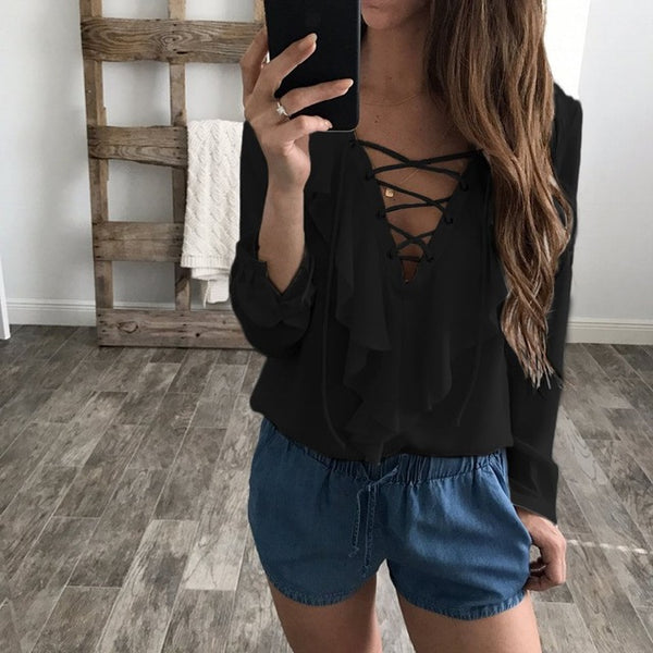 2017 Fashion Spring Autumn Women Chiffon Blouse Sexy Lace Up V Neck Ruffles Long Sleeve Black White Tops Casual Plus Size Shirt