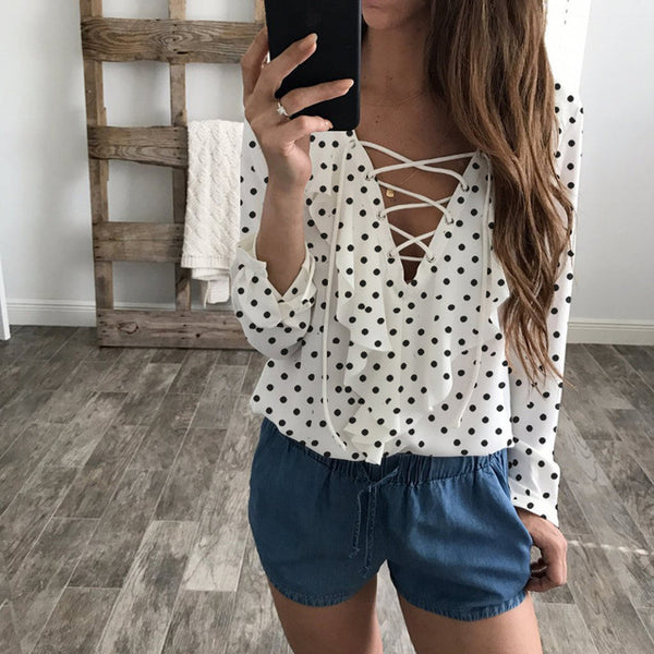 2017 Fashion Spring Autumn Women Chiffon Blouse Sexy Lace Up V Neck Ruffles Long Sleeve Black White Tops Casual Plus Size Shirt
