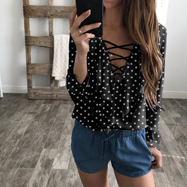 2017 Fashion Spring Autumn Women Chiffon Blouse Sexy Lace Up V Neck Ruffles Long Sleeve Black White Tops Casual Plus Size Shirt