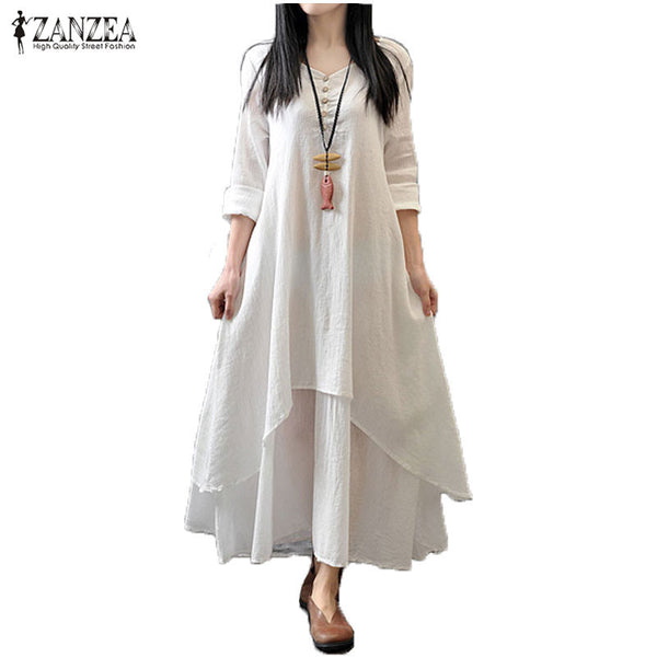 Zanzea Spring Autumn 2017 Fashion Women Casual Loose Long Sleeve V-Neck Dress Boho Solid Long Maxi Dress Vestidos Plus Size 5XL