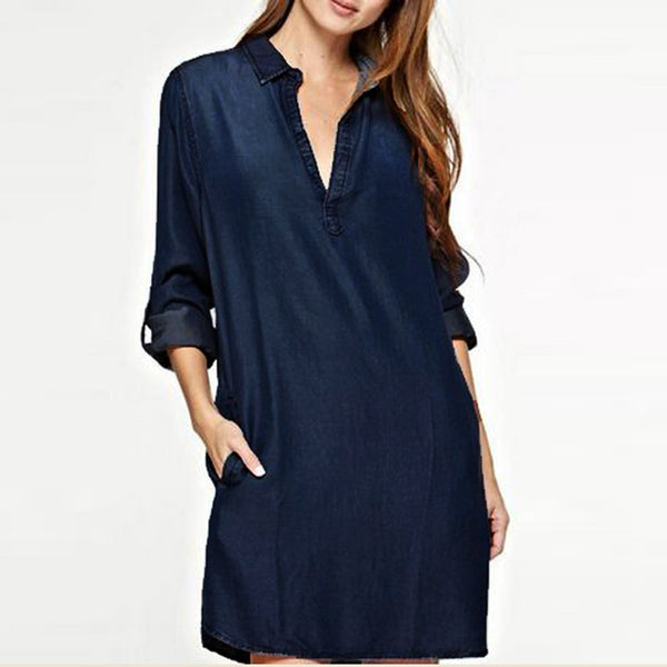 S-5XL Women Fashion Deep V Neck Plunge Sexy Denim Blue Jean Look Fold Sleeve Turn Down Collared Mini Shirt Dress Vestido Plus