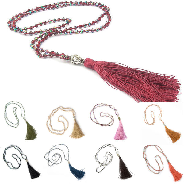 LNRRABC Hot 1 Pc Bohemian Style Buddha Beadle Pendant Tassel Crystal Beads Long Chain Handmade Boho Statement Necklace