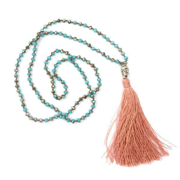 LNRRABC Hot 1 Pc Bohemian Style Buddha Beadle Pendant Tassel Crystal Beads Long Chain Handmade Boho Statement Necklace