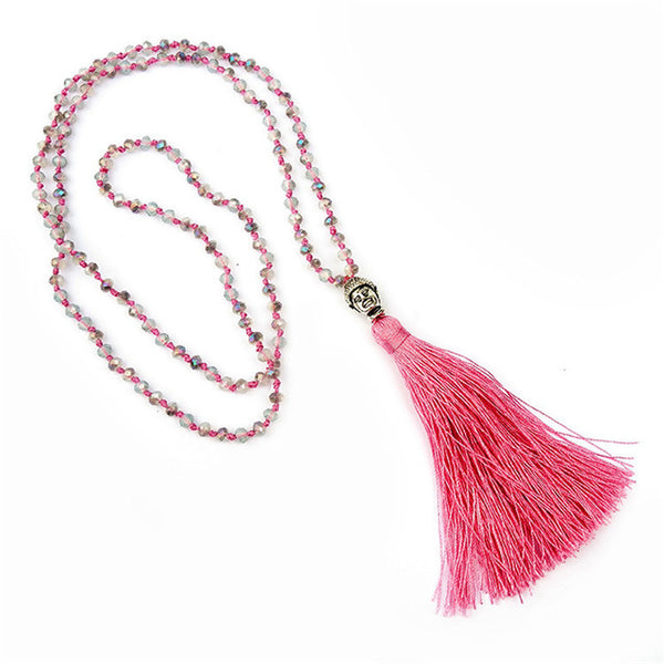 LNRRABC Hot 1 Pc Bohemian Style Buddha Beadle Pendant Tassel Crystal Beads Long Chain Handmade Boho Statement Necklace