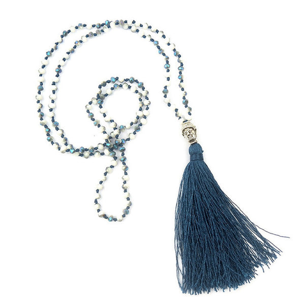 LNRRABC Hot 1 Pc Bohemian Style Buddha Beadle Pendant Tassel Crystal Beads Long Chain Handmade Boho Statement Necklace