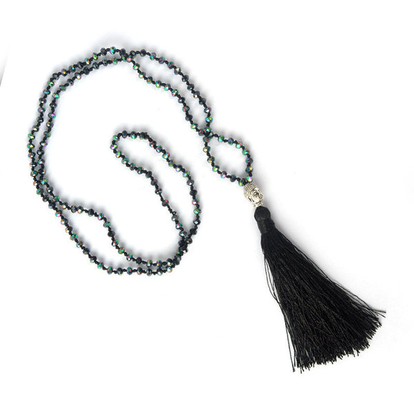 LNRRABC Hot 1 Pc Bohemian Style Buddha Beadle Pendant Tassel Crystal Beads Long Chain Handmade Boho Statement Necklace