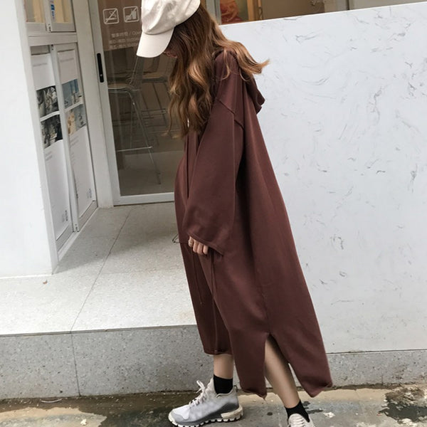 Winter Ladies Women Fashion Casual Long Sleeve Pockets Hooded Dress Split Hoodies Vestido Loose Solid Long Sweatershirt Dress