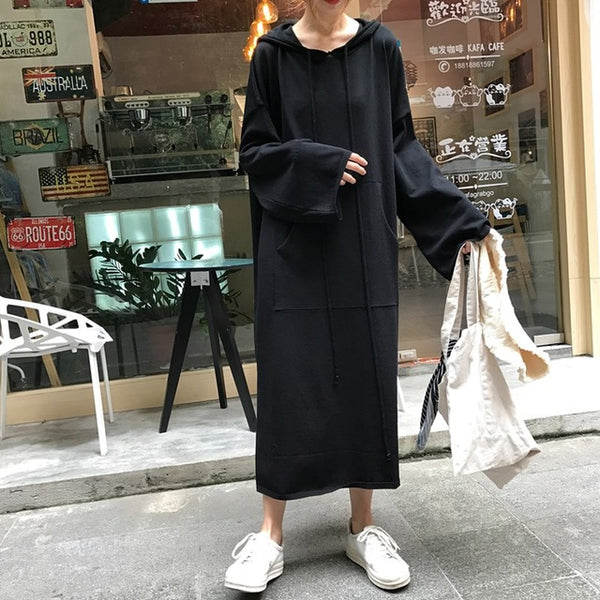 Winter Ladies Women Fashion Casual Long Sleeve Pockets Hooded Dress Split Hoodies Vestido Loose Solid Long Sweatershirt Dress