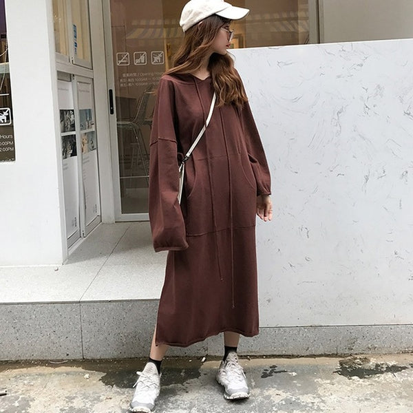 Winter Ladies Women Fashion Casual Long Sleeve Pockets Hooded Dress Split Hoodies Vestido Loose Solid Long Sweatershirt Dress