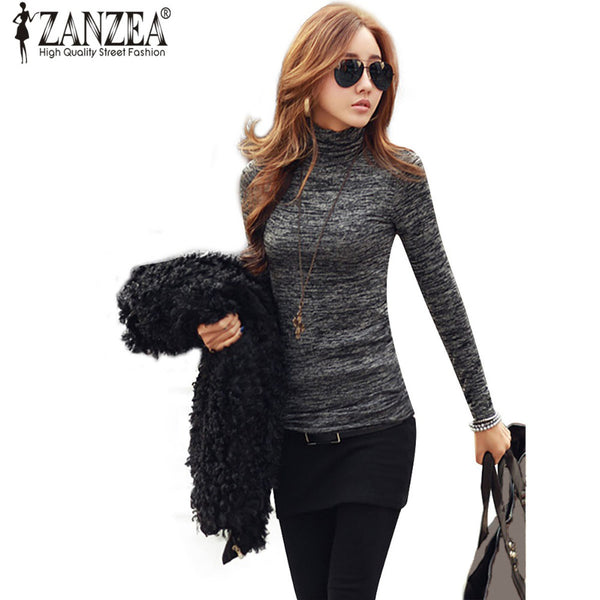 ZANZEA 2017 Fashion Women Casual Knitted Pullover Sweater High Neck Long Sleeve Slim Fit Jumper Tops Casual Blusas Plus Size 3XL