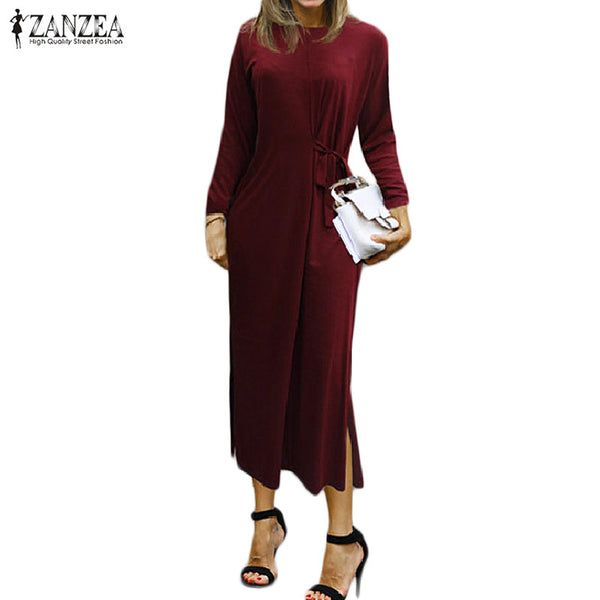 2017 ZANZEA Fashion Women O-neck Long Sleeve Autumn Casual Loose Party Mid-calf Dress Irregular Split Hem Vestido Plus Size