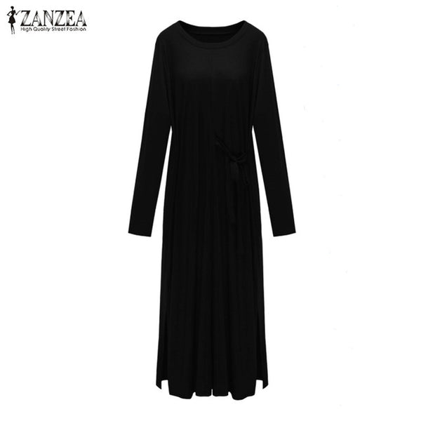2017 ZANZEA Fashion Women O-neck Long Sleeve Autumn Casual Loose Party Mid-calf Dress Irregular Split Hem Vestido Plus Size