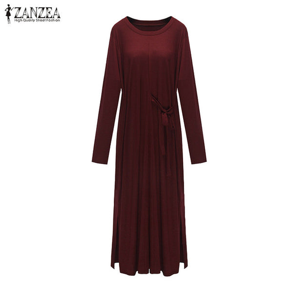 2017 ZANZEA Fashion Women O-neck Long Sleeve Autumn Casual Loose Party Mid-calf Dress Irregular Split Hem Vestido Plus Size