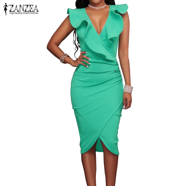 ZANZEA 2017 Women Summer Dress Sexy Sleeveless V Neck Pencil Party Dresses Ladies Ruffles Bodycon Slim Midi Club Vestidos