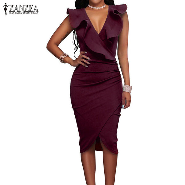ZANZEA 2017 Women Summer Dress Sexy Sleeveless V Neck Pencil Party Dresses Ladies Ruffles Bodycon Slim Midi Club Vestidos