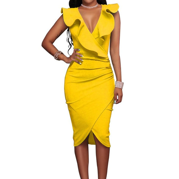 ZANZEA 2017 Women Summer Dress Sexy Sleeveless V Neck Pencil Party Dresses Ladies Ruffles Bodycon Slim Midi Club Vestidos