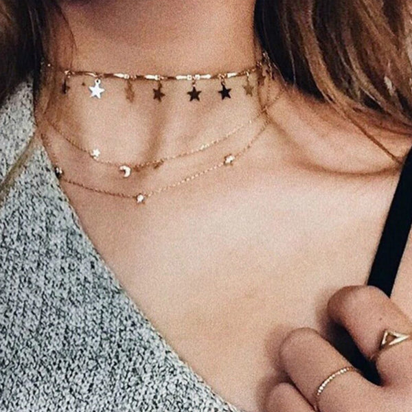 Chocker Boho Gold Color Chain Tiny Star Maxi Choker Necklace for Women Tassel necklaces pendants gargantilha collier femme colar
