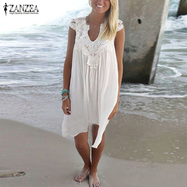 Zanzea Fashion Vestidos 2016 Summer Hot Sale Women Sexy Chiffon Lace Crochet Dress Ladies Casual Loose V Neck Beach Mini Dress